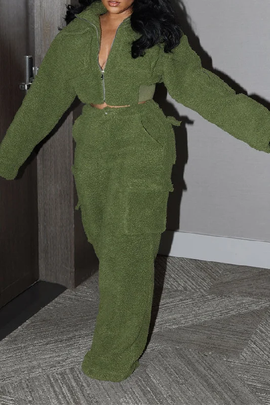 Unmissable Offers Await!Solid Color Polar Fleece Unusual Multi Pocket Pant Suit