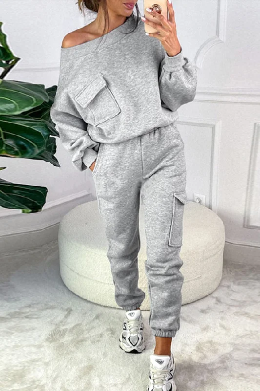 One Click Away from Big Savings!Solid Color Slash Neck Casual Pocket Pant Suit