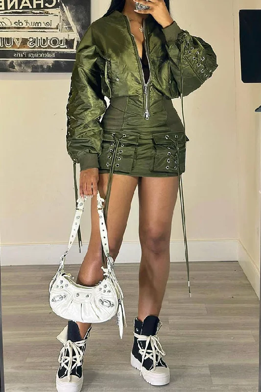 Get the Best for Less!Solid Color Strappy Punk Patch Pocket Skirt Suit