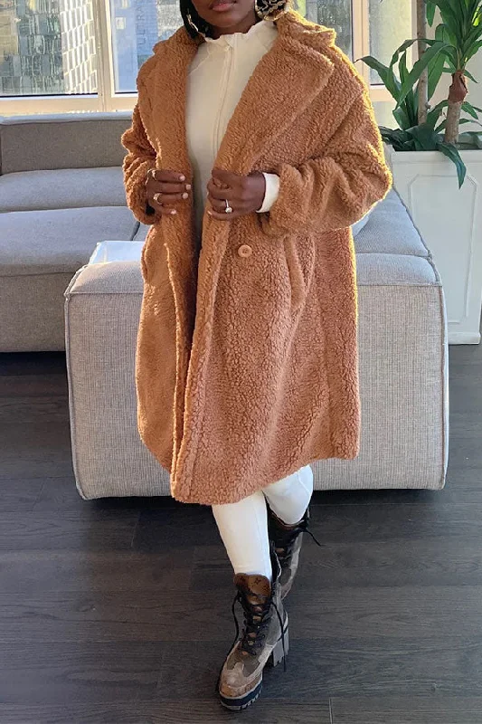Steals and Deals Await!Solid Color Turndown Collar Fluffy Pocket Coat