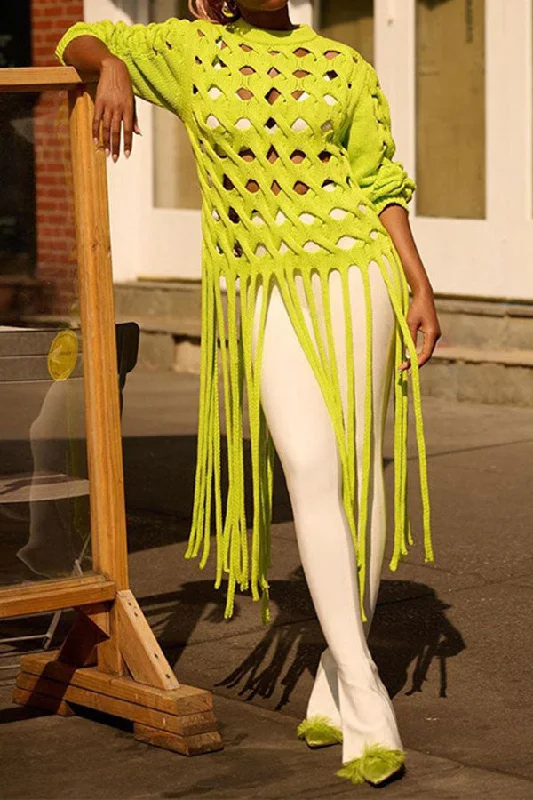 Shop Early, Save Big!Solid Color Unique Cutout Tassel Sweater