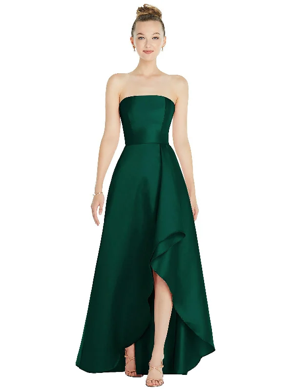 The Best Sale of the Year!Strapless Satin Gown with Draped Front Slit and Pockets