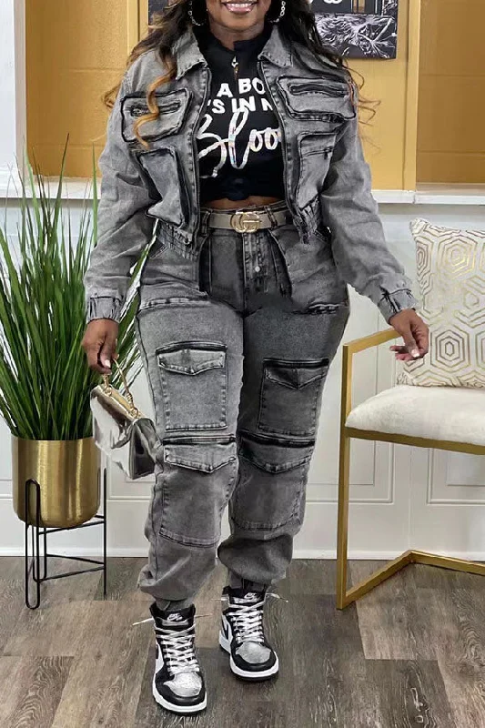 Special Discounts Inside!Washed Denim Hippy Multi Pocket Pant Suit