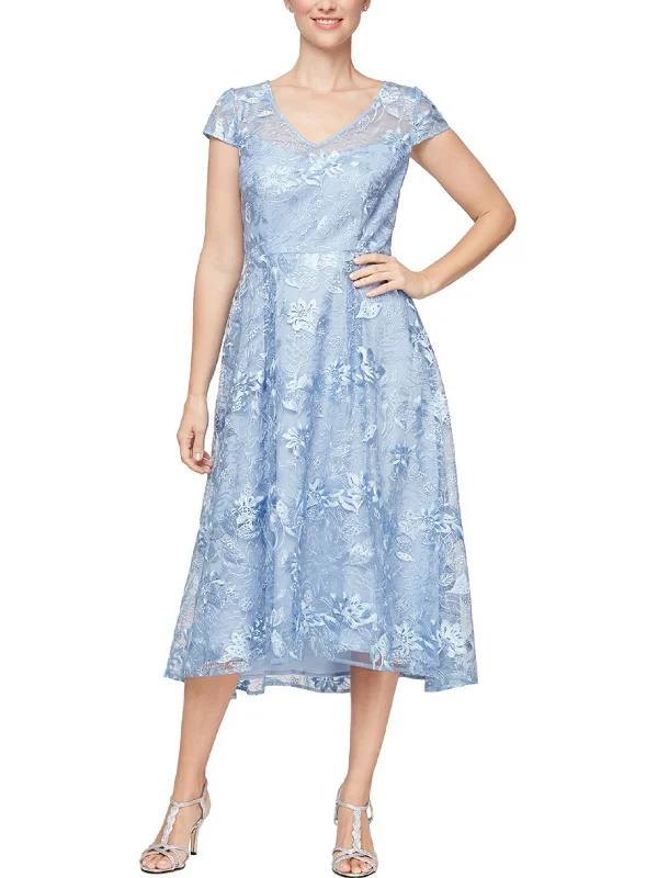 Upgrade for Less!Womens Lace Overlay Mid Calf Evening Dress