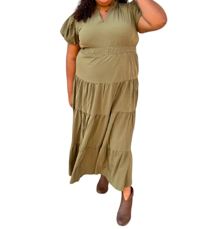 More Discounts, More Joy!Alyxis V-Neck Bubble Sleeve Tiered Midi Dress In Sage