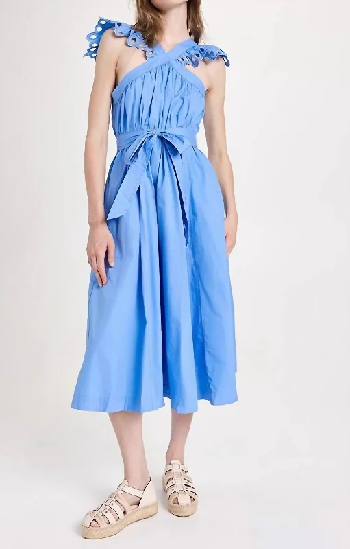 Grab Yours Before It’s Too Late!Blakely Ruffle Eyelet Belted Midi Dress In Blue
