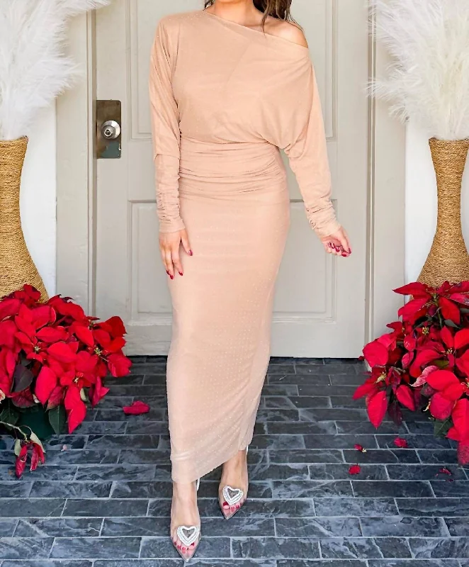 Must-Have Deals Inside!Candace Ruched Asymmetric Midi Dress In Nude