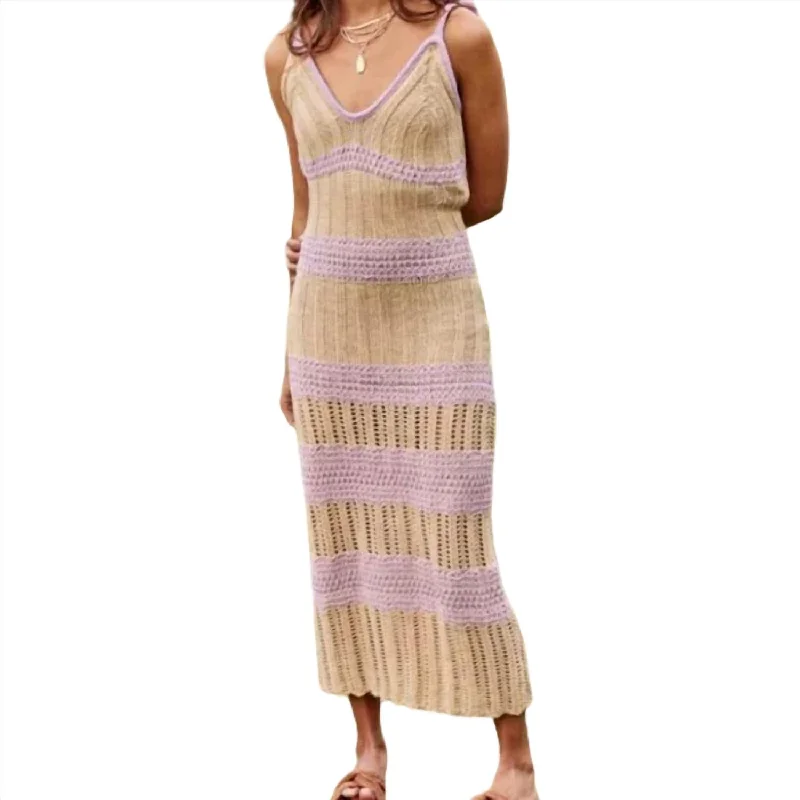 Only a Few Left – Order Now!Crochet Contrast Midi Dress In Tan/lavender