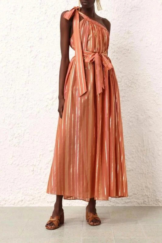 Your Exclusive Offer Awaits!Junie Asymmetric Midi Dress In Caramel Multi