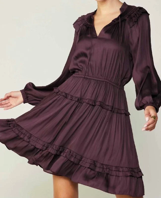 Limited Edition, Limited Price!Long Sleeve Split Neck Tiered Mini Dress In Midnight Plum