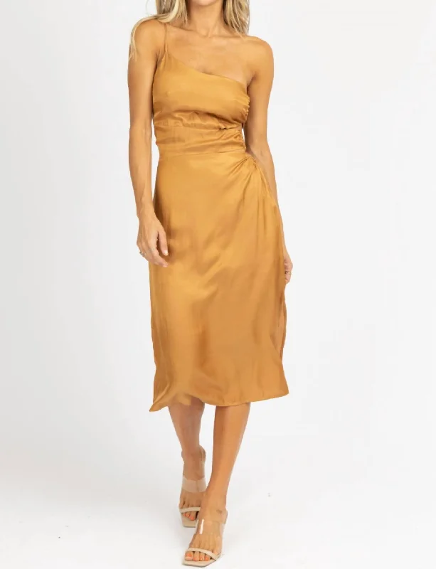 Unlock Huge Savings Now!O-Ring Satin One Shoulder Midi Dress In Caramel