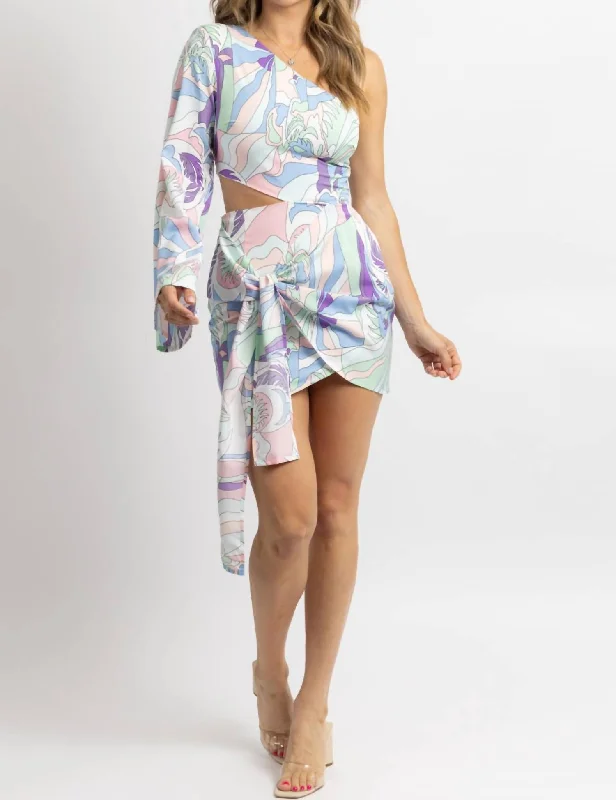 Your Chance to Save is Now!One Sleeved Side-Tie Mini Dress In Pastel Print