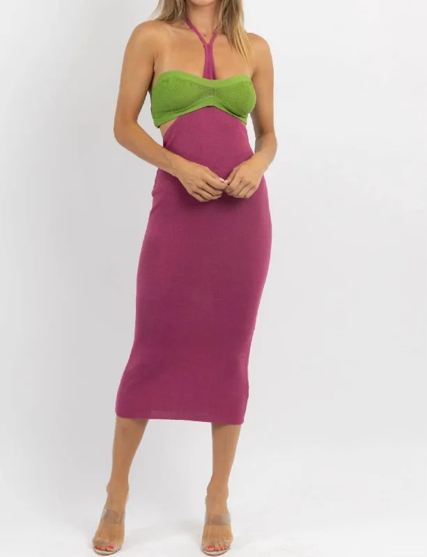 Limited Time Offer!Osaka Halter Neck Midi Dress In Purple & Green