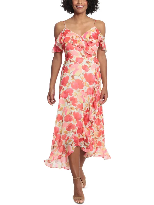 Score Big Savings Today!Petites Womens Chiffon Faux Wrap Midi Dress