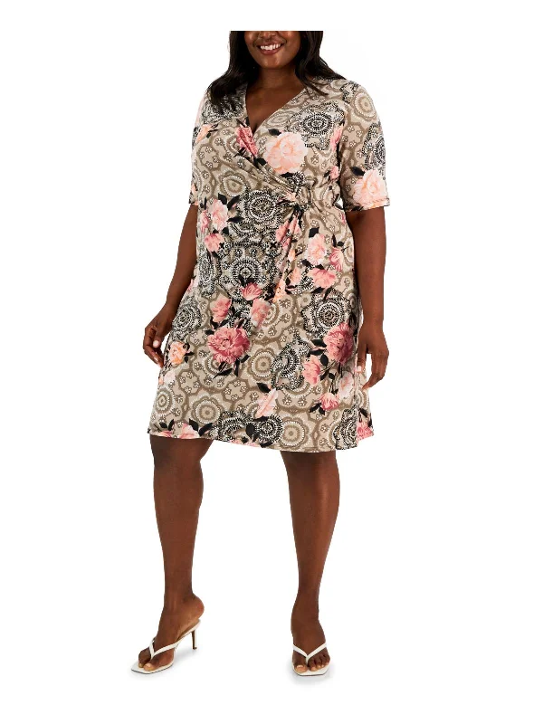 Price Drop Alert!Plus Womens Faux-Wrap Elbow Sleeve Midi Dress