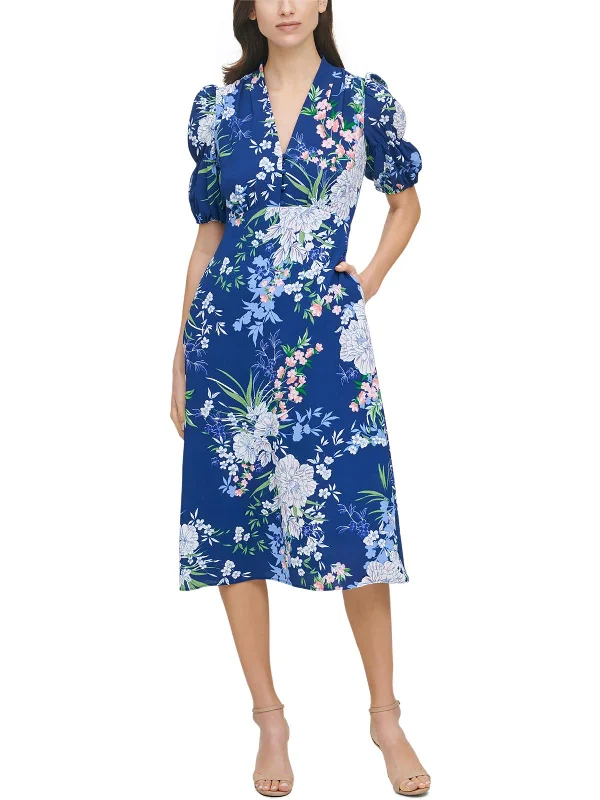 Shop Today, Save Tomorrow!Plus Womens Floral Puff Sleeve Midi Dress
