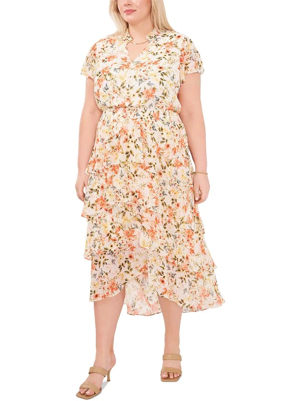 Don't Miss Out!Plus Womens Ruffled Chiffon Midi Dress