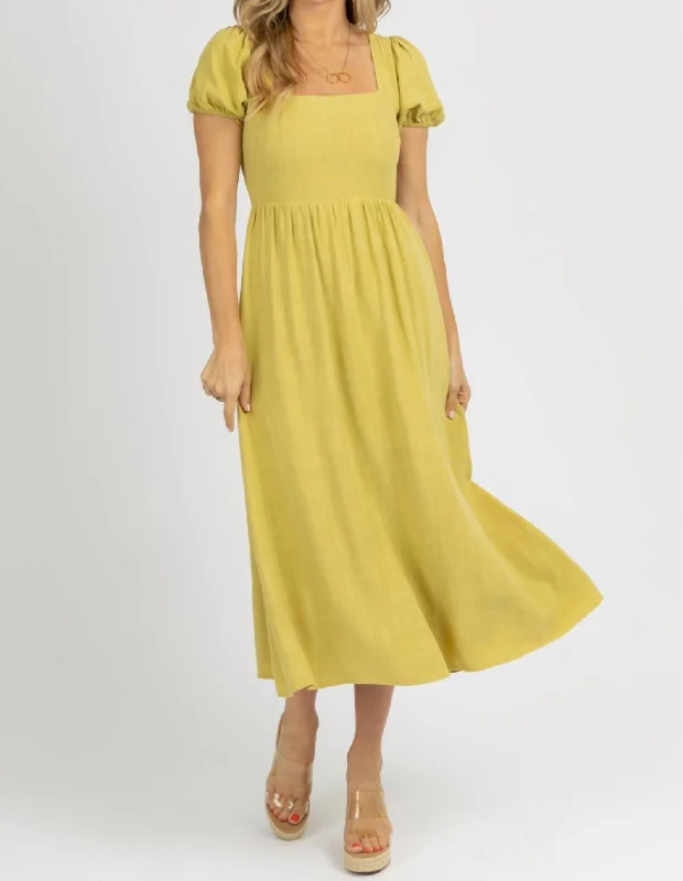 Save More with Every Purchase!Puff Sleeve Open-Back Midi Dress In Palm Lime