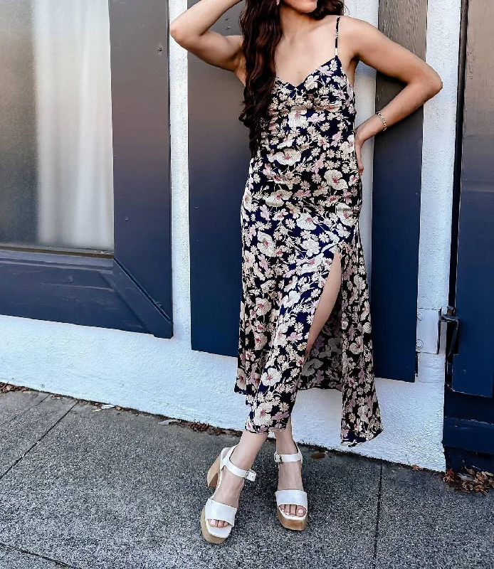 Buy More, Save More!The Indigo Mood Tie Back Slit Midi Dress In Navy