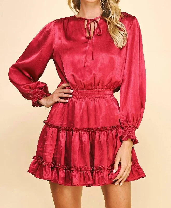Hurry, Sale Ends Soon!Tiered Satin Mini Dress In Cranberry