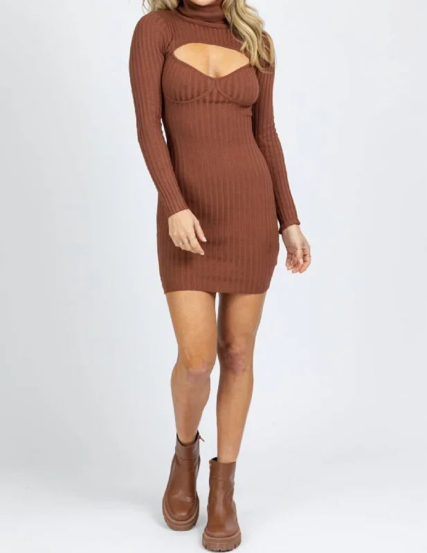 Biggest Sale of the Season!Turtleneck Keyhole Knit Mini Dress In Cocoa