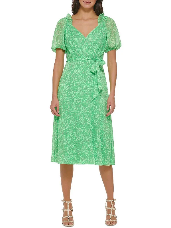 Lowest Prices Guaranteed!Womens Chiffon Puff Sleeve Midi Dress