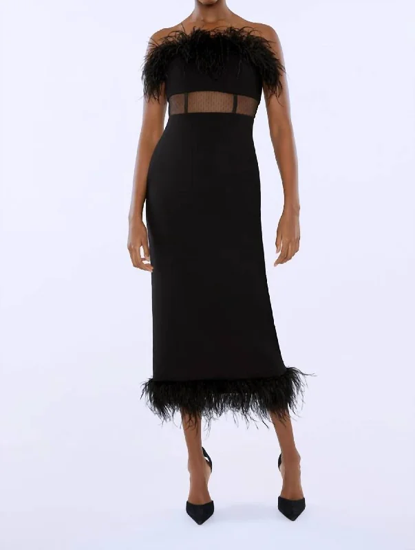 One Day Only – Huge Savings!Aubrey Feathers Trim Sheath Midi Dress In Black