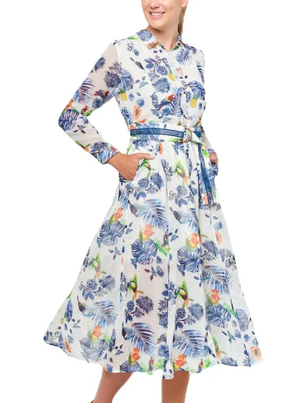 Don’t Wait – Shop Today!Blue Leaf Print Jane Midi Dress in White Multi