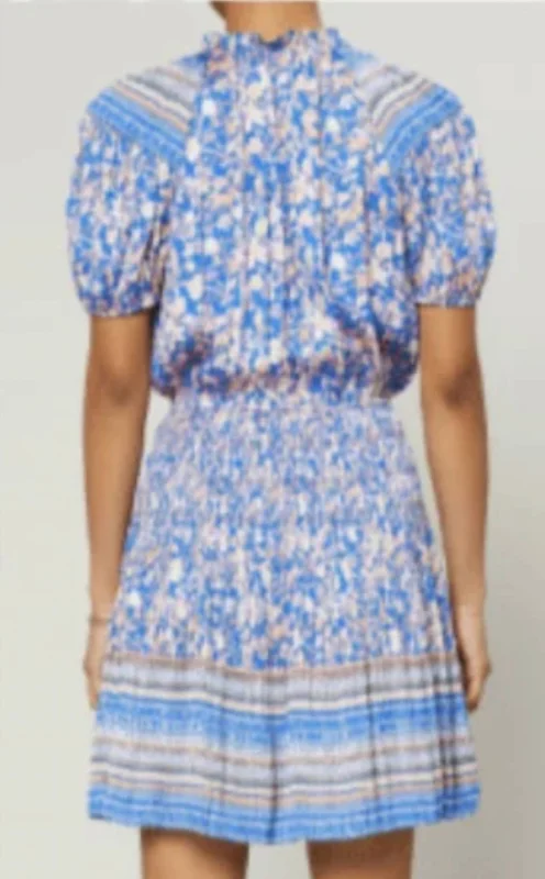 Best Price of the Season!Border Printed S-Slv Ruffled Split Neck W/ Tie Mini Dress In Blue Floral Multi