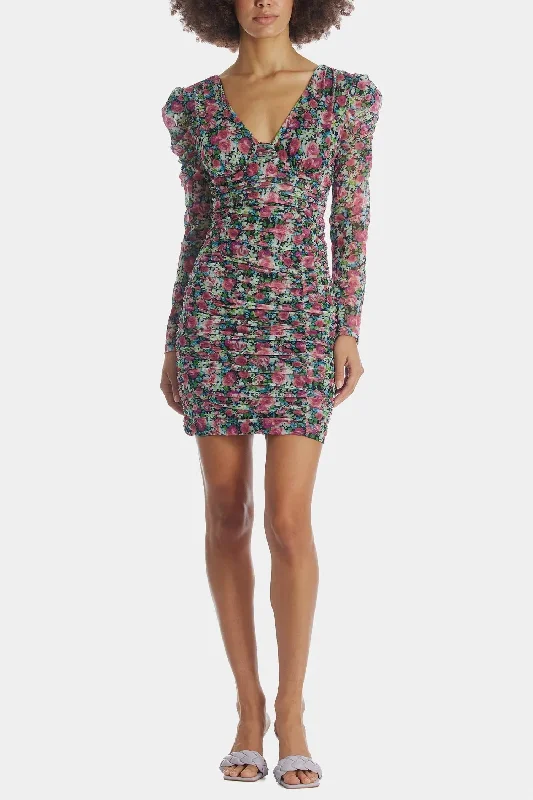 Your Wallet Will Thank You!Bristol Floral Ruched Long Sleeve Mini Dress In Black Pink Floral