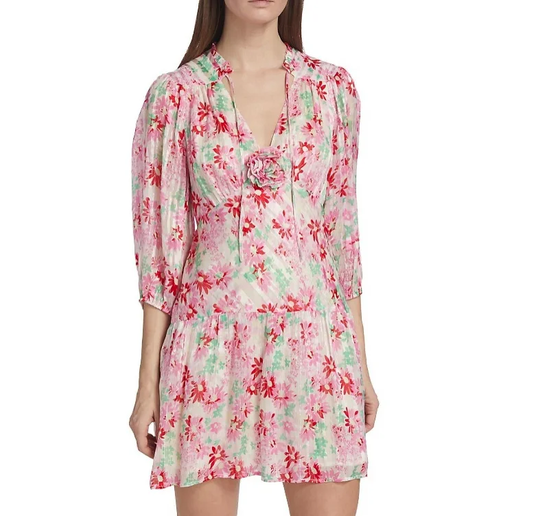 Save More Than Ever!Devi Daisy Trail Lurex Ruffled Neck Mini Dress In Pink