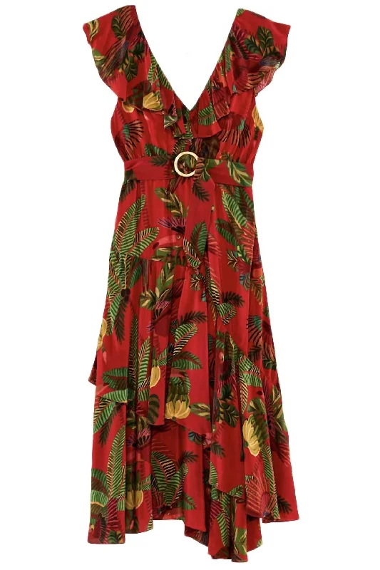 Shop Now and Save!Farm Rio RED FOREST BIRDS Midi Dress in Red Multi
