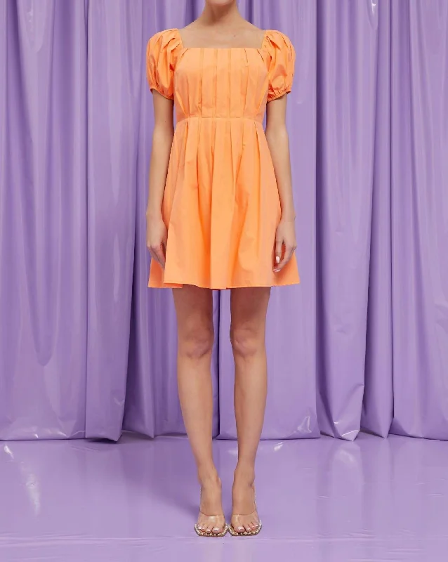 Seasonal Sale – Shop Now!Front Pleat Puff Sleeve Mini Dress In Orange