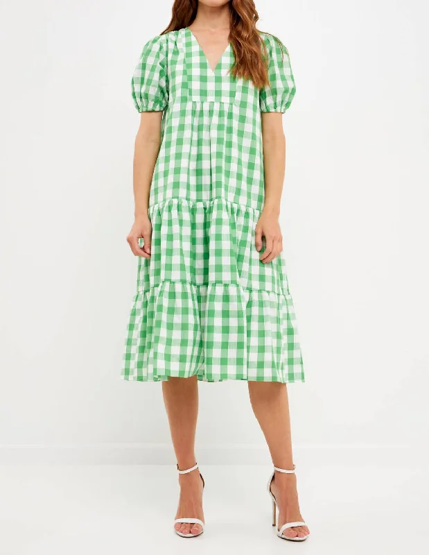 Limited Stock Available!Gingham Midi Dress In Green