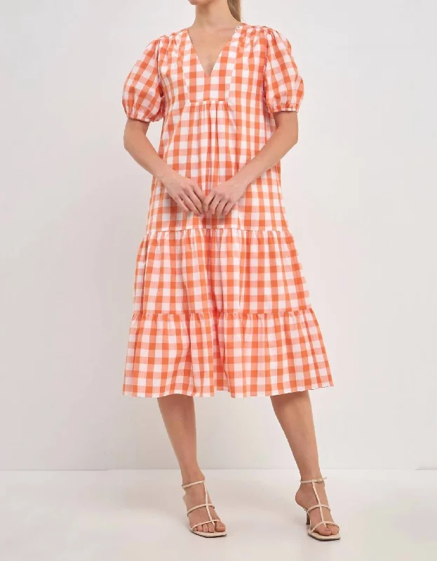 Get More for Less!Gingham Midi Dress In Orange