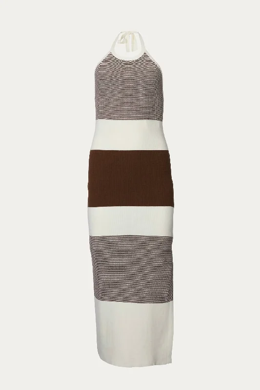 Every Deal is a Steal!Halterneck Ribbed-Knit Midi Dress in Ivory/Dark Chocolate