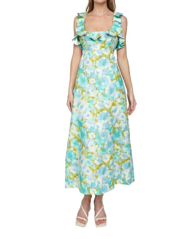 Save Money, Shop Happy!High Tide Frilled Midi Dress In Aqua Ikat Floral