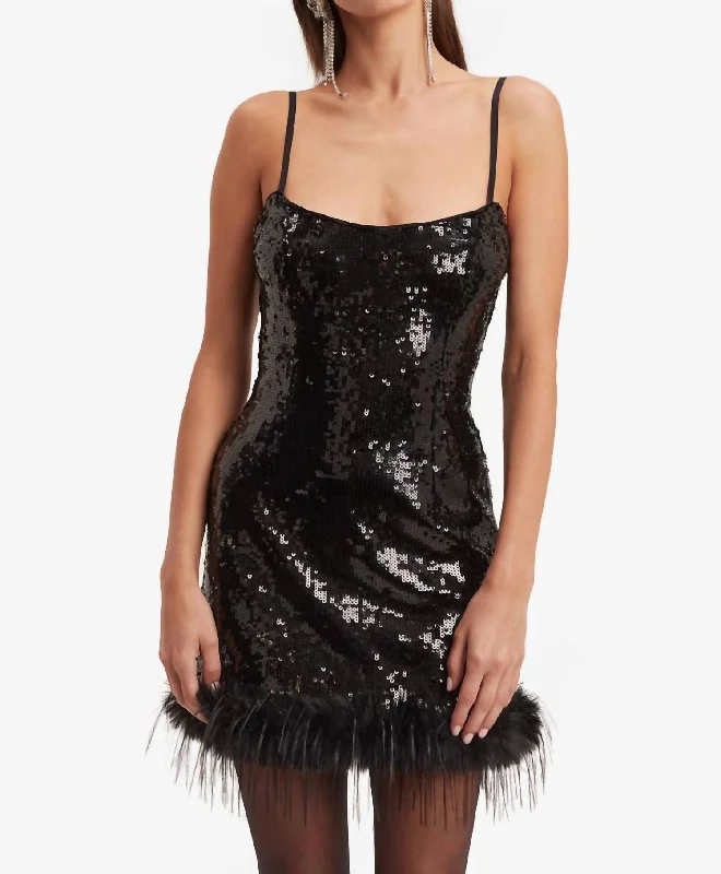 Your Favorite Items on Sale Now!Laurel Faux Fur Mini Dress In Black Sequin