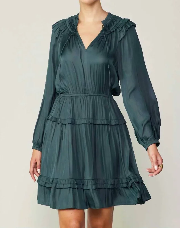 Hurry! While Supplies Last!Long Sleeve Split Neck Tiered Mini Dress In Forest Green