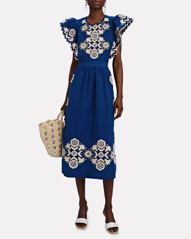 Time to Snag a Bargain!Manuela Embroidered Apron Midi Dress in Blue