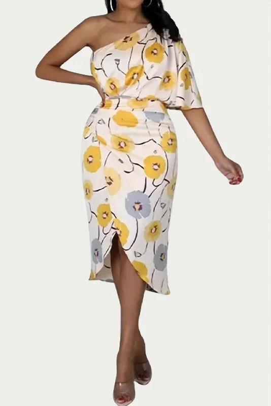 Huge Price Cuts Await!One-Shoulder Ruched Floral-Print Midi Dress in Yellow