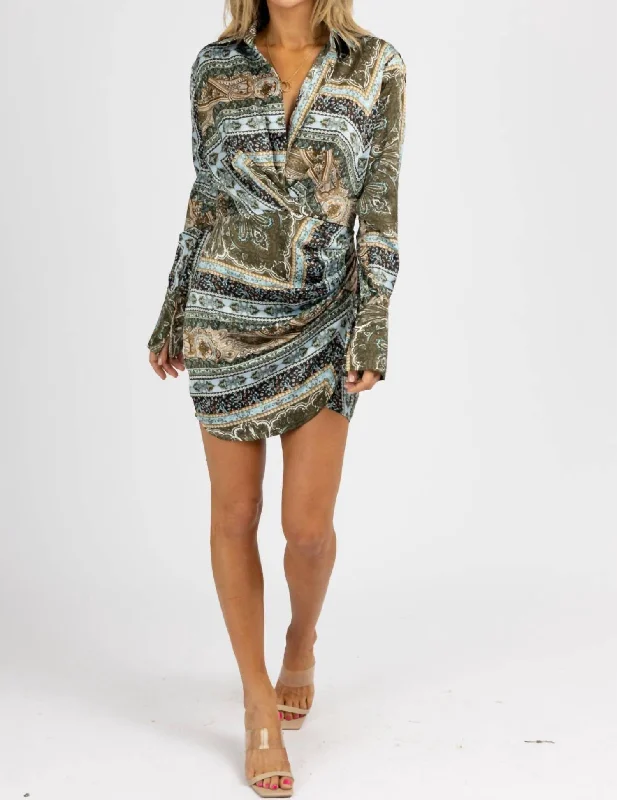 Upgrade for Less!Paisley Satin Collared Mini Dress In Olive