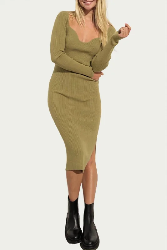 Your Favorite Sale is Back!Ribbed-Knit Sweetheart-Neck Midi Dress in Olive