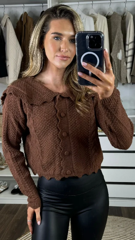 Huge Price Cuts Await!Faye Chocolate Collared Knit Detail Cardigan
