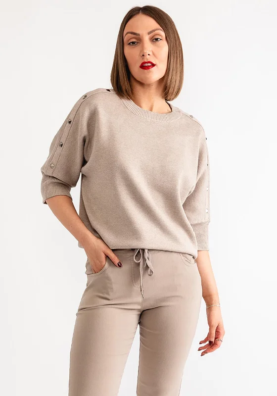 Limited Edition, Limited Price!Freequent Ani Studded Short Sleeve Sweater, Taupe