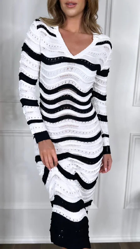 Seasonal Sale – Shop Now!Orlaith White & Black Striped Knit V Neck Midi Dress
