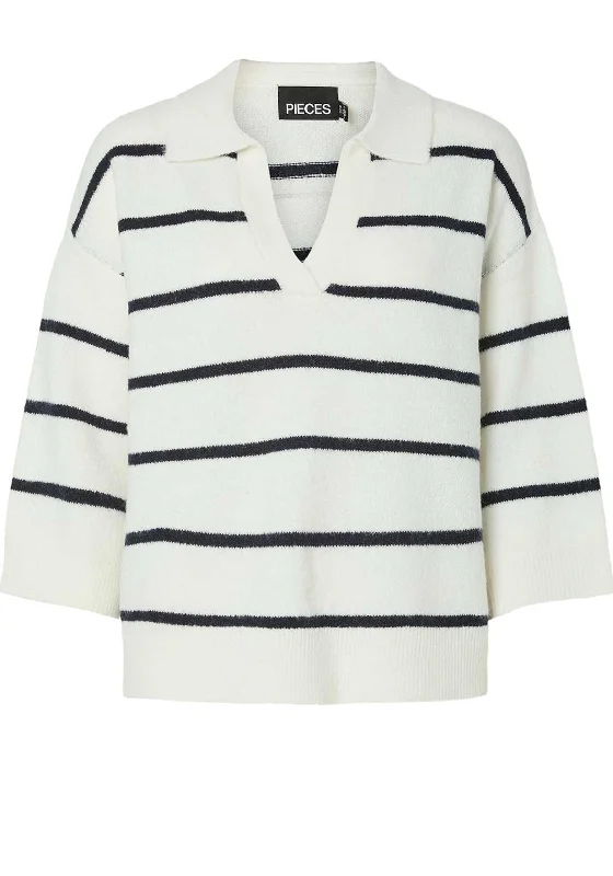 Steals and Deals Await!Pieces Mikela Striped V Neck Sweater, White and Navy