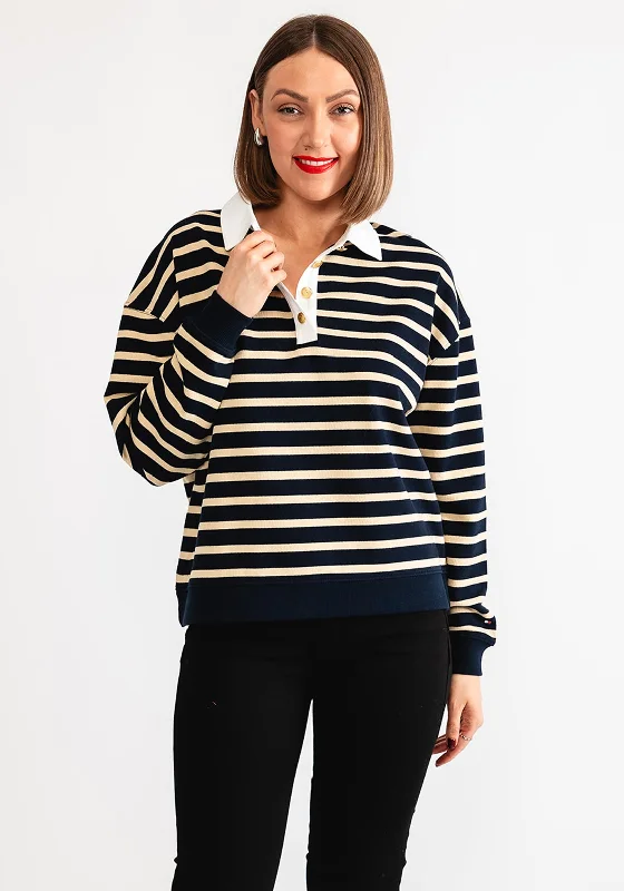 Limited Time Offer!Tommy Hilfiger Striped Polo Sweatshirt, Navy and Cream