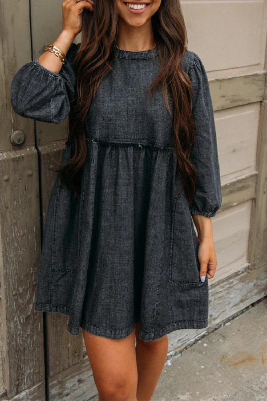 Your Wallet Will Thank You!Denim Chambray Puff Sleeve Dress