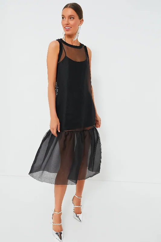 Get More for Less!Black Midi Organza Ribbed Dress